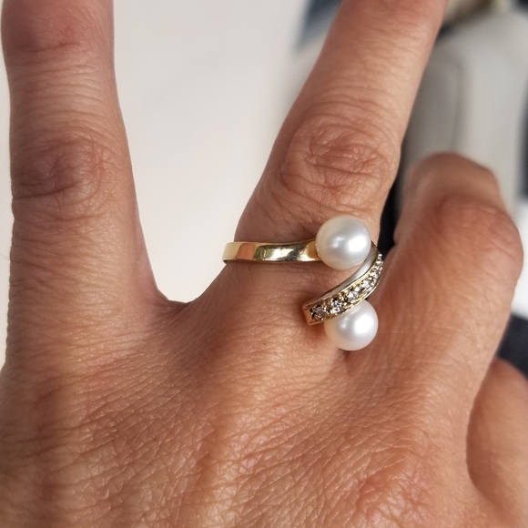 Sale! Vintage 14k toi moi Pearls & diamonds bypass gold ring - Picture 4 of 11